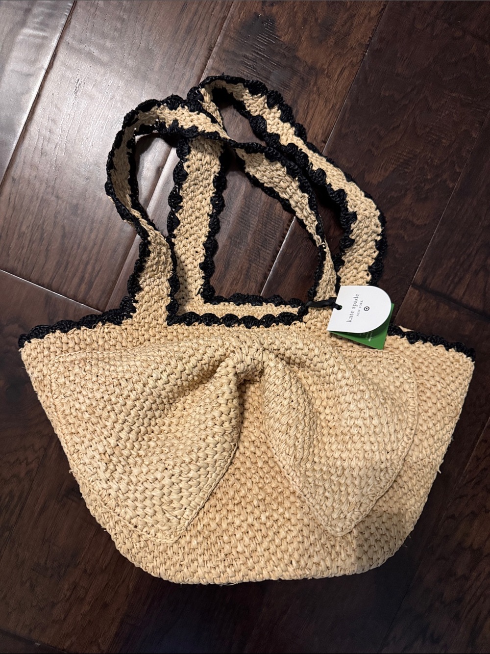 Kate Spade Bow -Front Straw Tote in Natural with Black Trim NWT